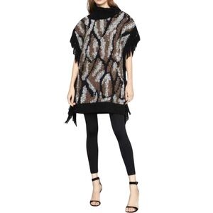 Women’s Cowl Neck Fringe Wool Alpaca Blend Combo Poncho Sweater M/L